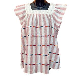 Entro NEW Striped Rainbow Embroidered Flutter Sleeve Boho Top Women's size L